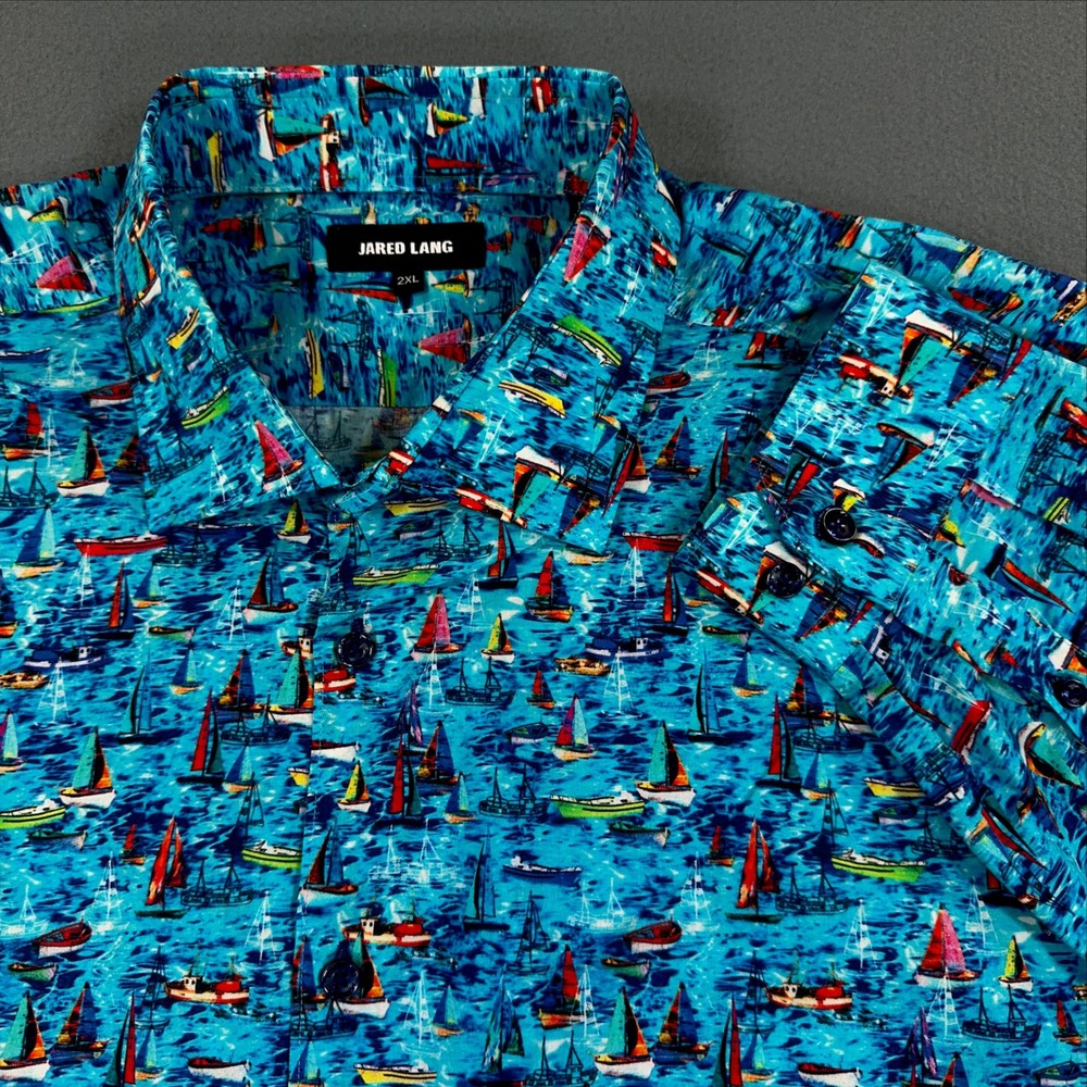 Jared Lang Mens 2XL Blue Sailboat Nautical Print Long Sleeve Button Down Shirt